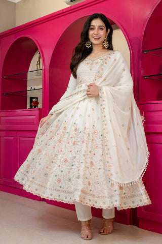 Elegant White Embroidered Work Anarkali Suit