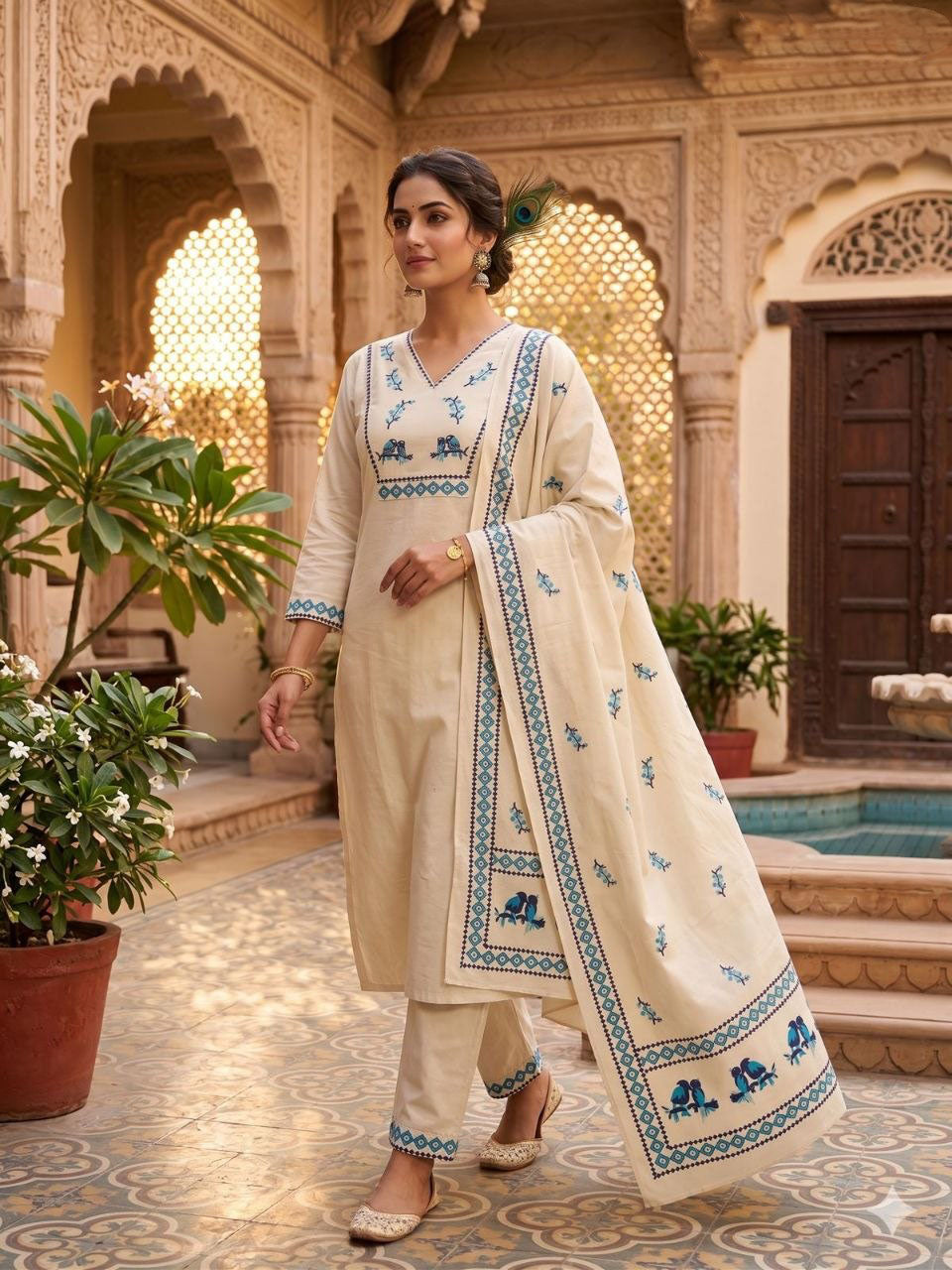 Cream Khadi Cotton with Sequence Work Sharara Suit