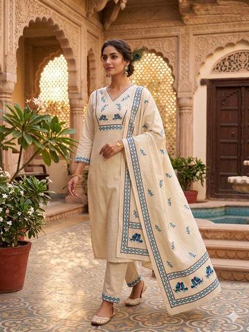Cream Khadi Cotton with Sequence Work Sharara Suit