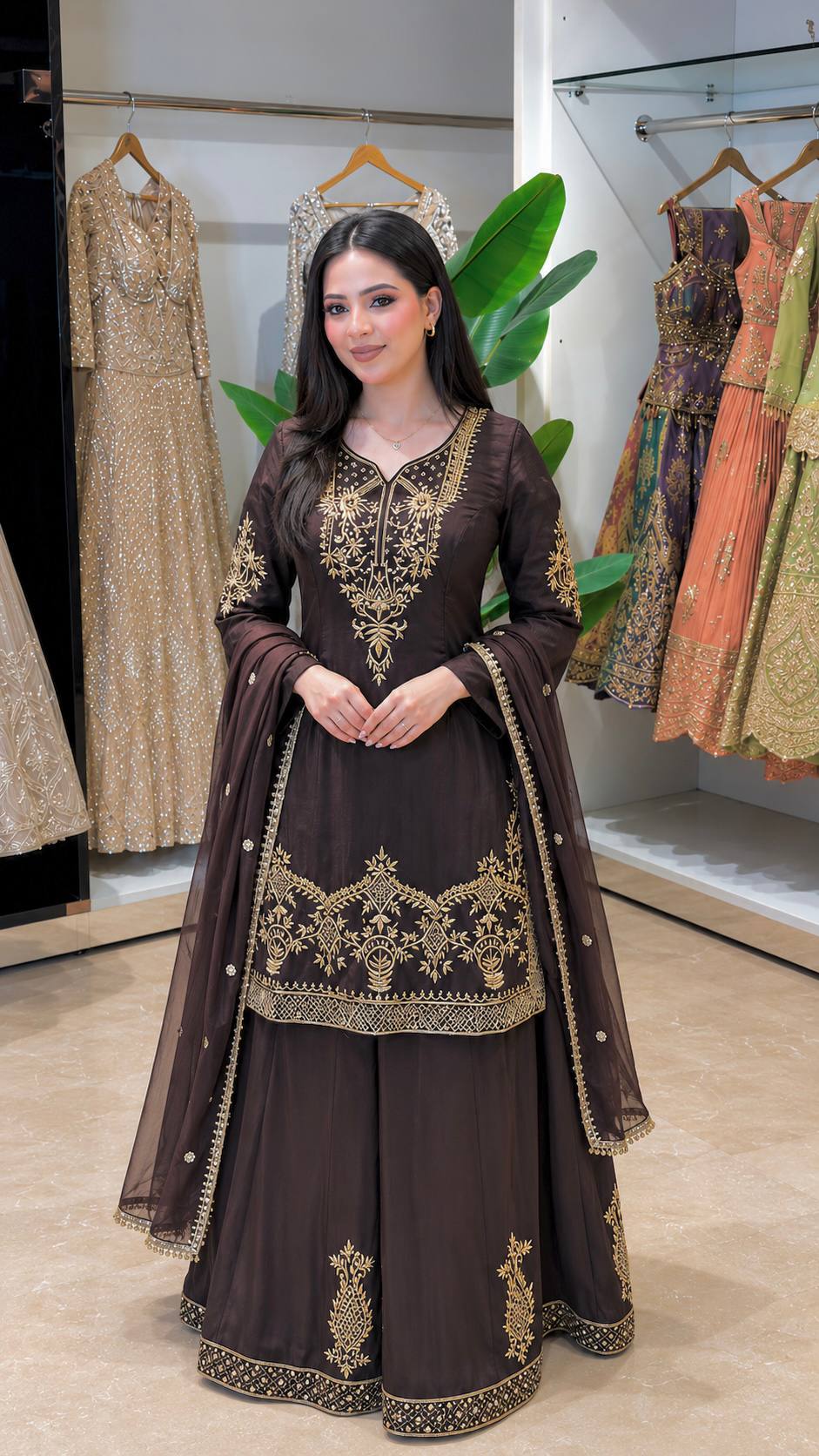 Elegant Brown Natural Crepe Silk Embroidery Work Palazzo Suit