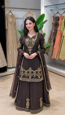 Elegant Brown Natural Crepe Silk Embroidery Work Palazzo Suit