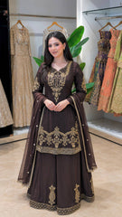 Elegant Brown Natural Crepe Silk Embroidery Work Palazzo Suit