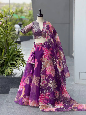 Shining Purple Organza Sequence Work Lehenga