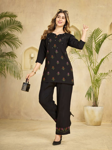 Black Heavy Viscose Rayon Multi Embroidery Co-Ords Set
