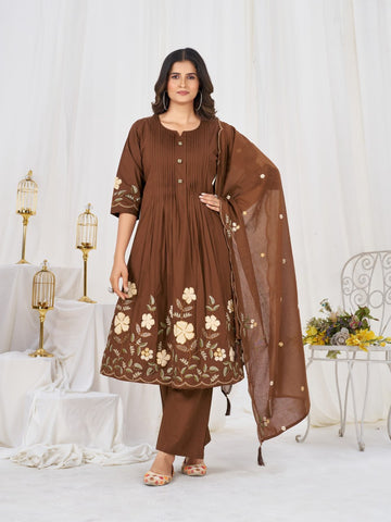 Pretty Brown Pure Cotton Multi-Thread Embroidery Kurti