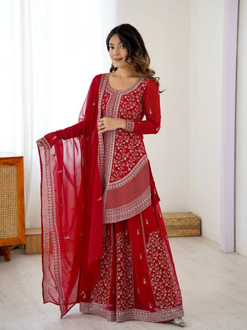 Amazing Red Faux Georgette Embroidery Sharara