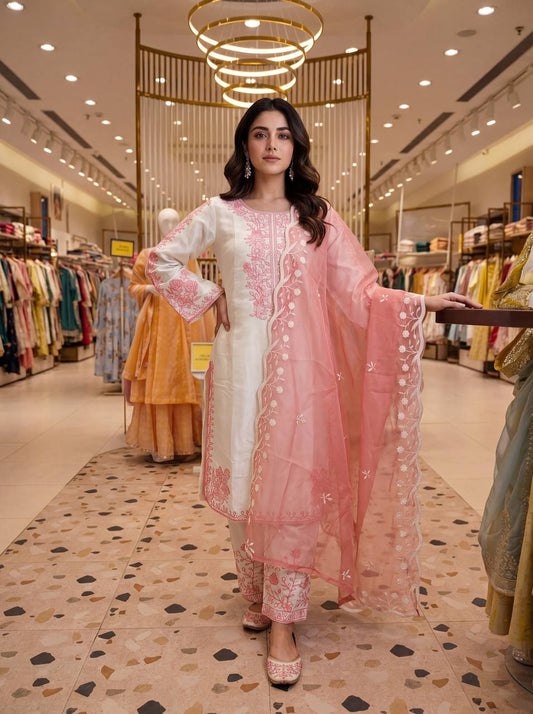 Amazing Peach Thread Work Palazzo Suit