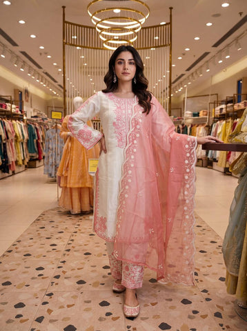 Amazing Peach Thread Work Palazzo Suit
