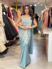 Sky Blue Peacock Embroidered Saree