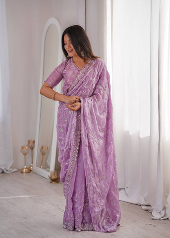 Opulent Peach Silk Saree with Beads Work