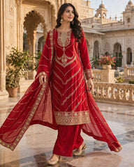 Lovely White Heavy Frendy Silk Embroidery Work Palazzo Suit