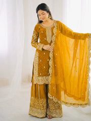 Captivating Orange Fendy Silk Embroidery Palazzo Suit