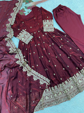Exclusive Maroon Fandy Satin Silk with Heavy Embroidery Work Gown