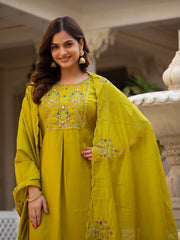 Rust Pure Viscose Mango Silk Multi Embroidery Kurti Set