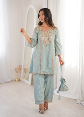 Innovative Pink Mirror Embroidery Kurti Set