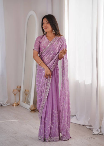 Opulent Peach Silk Saree with Beads Work