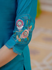 Alluring Rust Pure Viscose Mango Silk Multi Embroidery Work Kurti Set