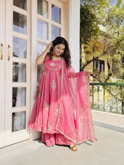 Stunning Maroon Pure Silk Embroidered Gown