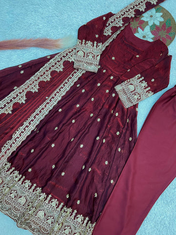 Exclusive Maroon Fandy Satin Silk with Heavy Embroidery Work Gown