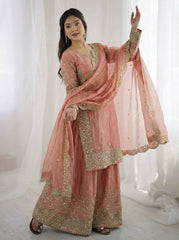 Captivating Orange Fendy Silk Embroidery Palazzo Suit