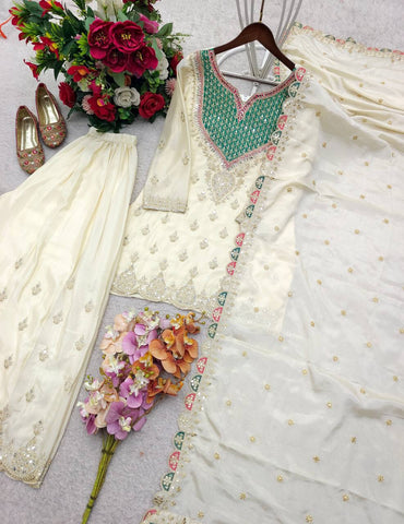 Stylish Chinon Silk Embroidery Work Sharara Suit