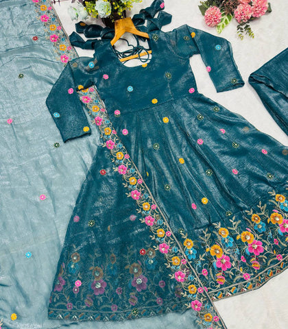 Outstanding Silk Multi Embroidery Work Gown