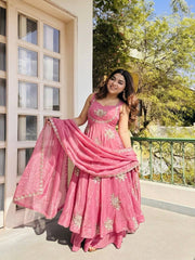Stunning Maroon Pure Silk Embroidered Gown