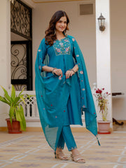 Alluring Rust Pure Viscose Mango Silk Multi Embroidery Work Kurti Set
