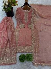 Captivating Orange Fendy Silk Embroidery Palazzo Suit