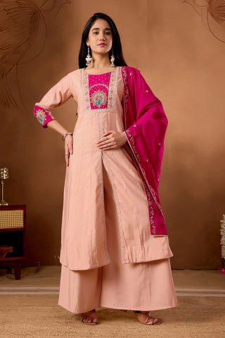 Lovely Pink Roman Silk Multi Embroidery Anarkali Kurti Set