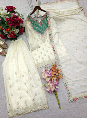 Stylish Chinon Silk Embroidery Work Sharara Suit
