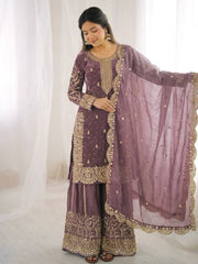 Captivating Orange Fendy Silk Embroidery Palazzo Suit