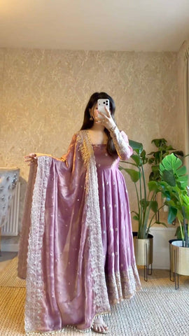 Exclusive Maroon Fandy Satin Silk with Heavy Embroidery Work Gown