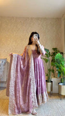Exclusive Maroon Fandy Satin Silk with Heavy Embroidery Work Gown