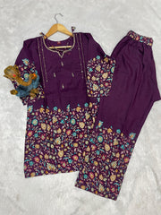 Charming Brown Cotton Kantha Work Co-ord Set