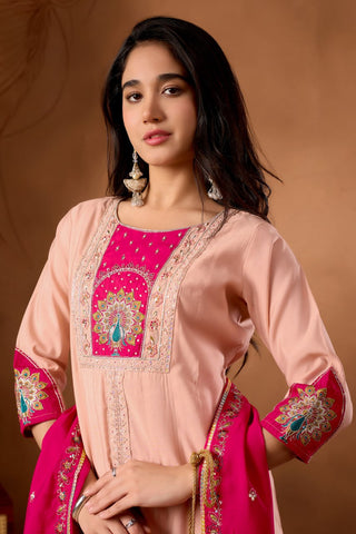 Lovely Pink Roman Silk Multi Embroidery Anarkali Kurti Set