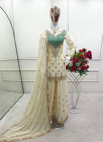 Stylish Chinon Silk Embroidery Work Sharara Suit