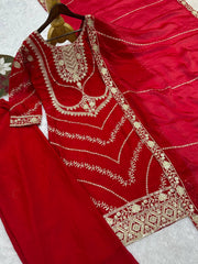 Lovely White Heavy Frendy Silk Embroidery Work Palazzo Suit