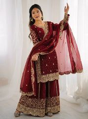 Captivating Orange Fendy Silk Embroidery Palazzo Suit