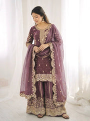 Captivating Orange Fendy Silk Embroidery Palazzo Suit