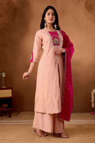 Lovely Pink Roman Silk Multi Embroidery Anarkali Kurti Set