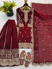 Captivating Orange Fendy Silk Embroidery Palazzo Suit