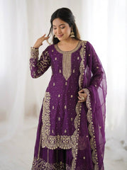 Captivating Orange Fendy Silk Embroidery Palazzo Suit
