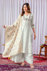 Lovely White Mango Silk with Multi Embroidery Kurti Set