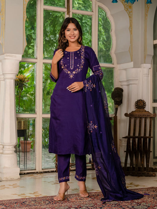 Amazing Violet Marina Silk Multi Embroidery With Hand Work Kurti Set