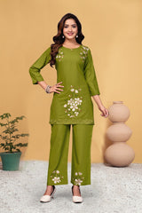 Alluring Green Heavy Viscose Rayon with Multi Embroidery Thread Work Co-Ords Set