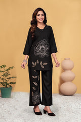 Attractive Black Viscose Rayon Multi Embroidery Work Co-Ord Set