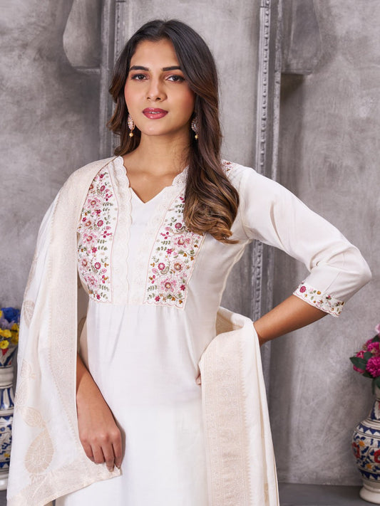 Lovely White Roman Silk Multi Embroidery Kurti Set