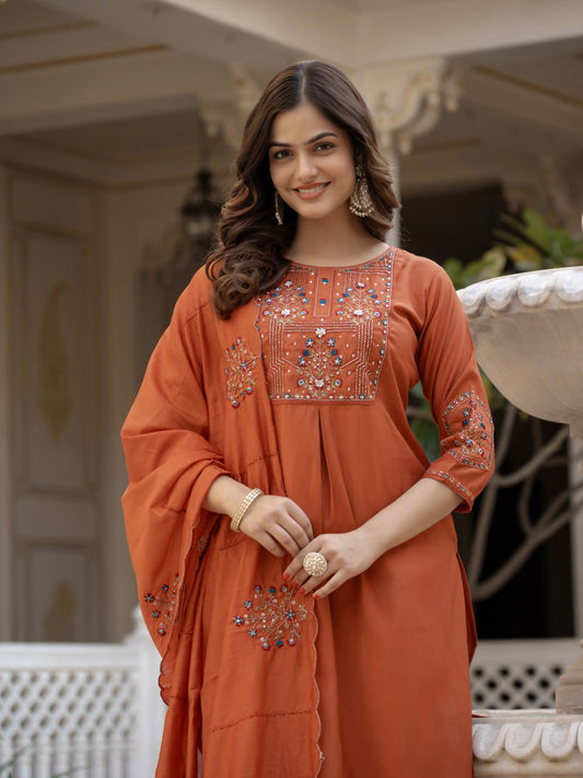 Rust Pure Viscose Mango Silk Multi Embroidery Kurti Set