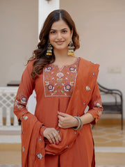 Alluring Rust Pure Viscose Mango Silk Multi Embroidery Work Kurti Set